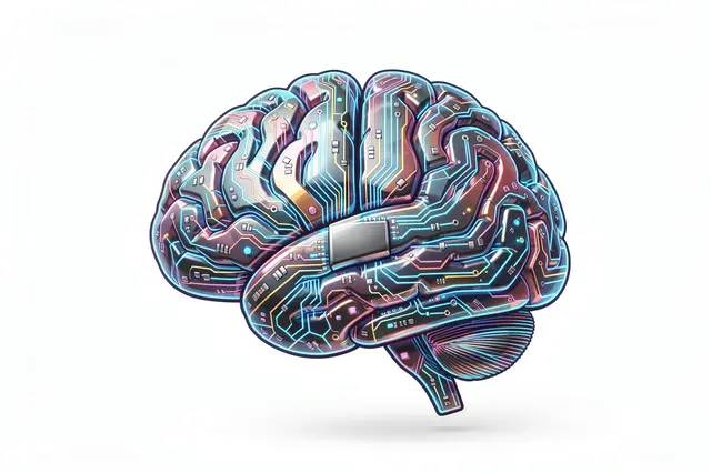 Stylized brain-shaped artificial intelligence chip with circuit traces against a plain white background