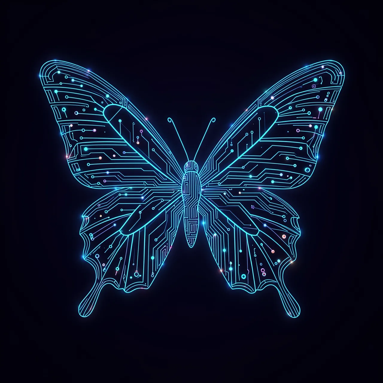 A glowing neon circuit-line butterfly sits centered against a solid dark background