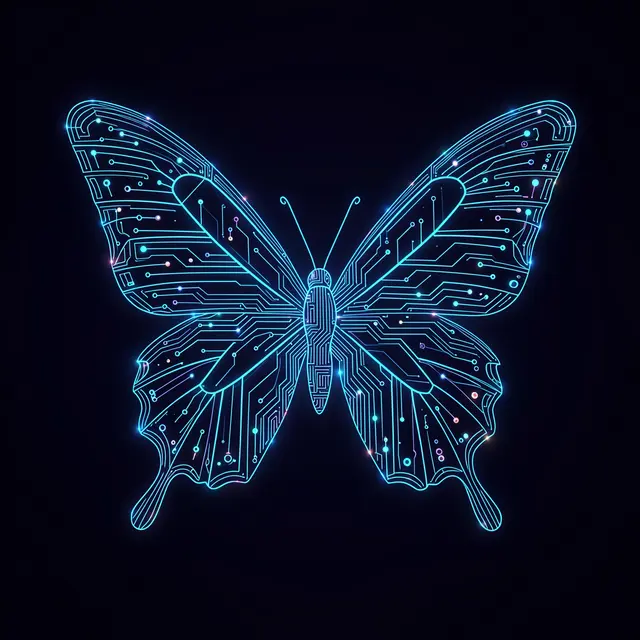 A glowing neon circuit-line butterfly sits centered against a solid dark background