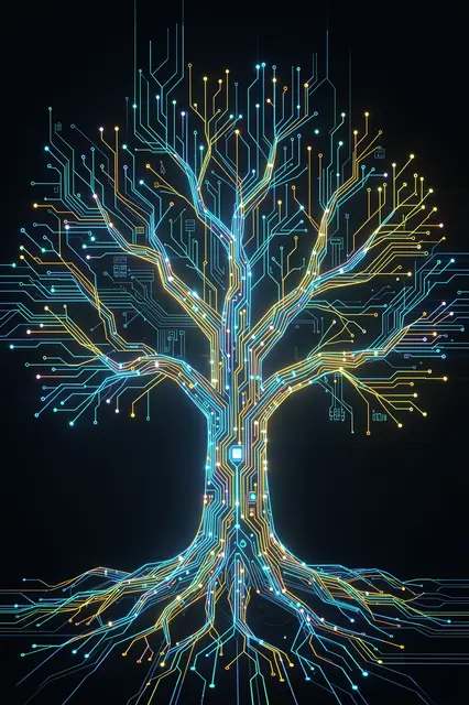 Glowing luminous tree formed from circuit traces, roots and branches extend against a dark black background