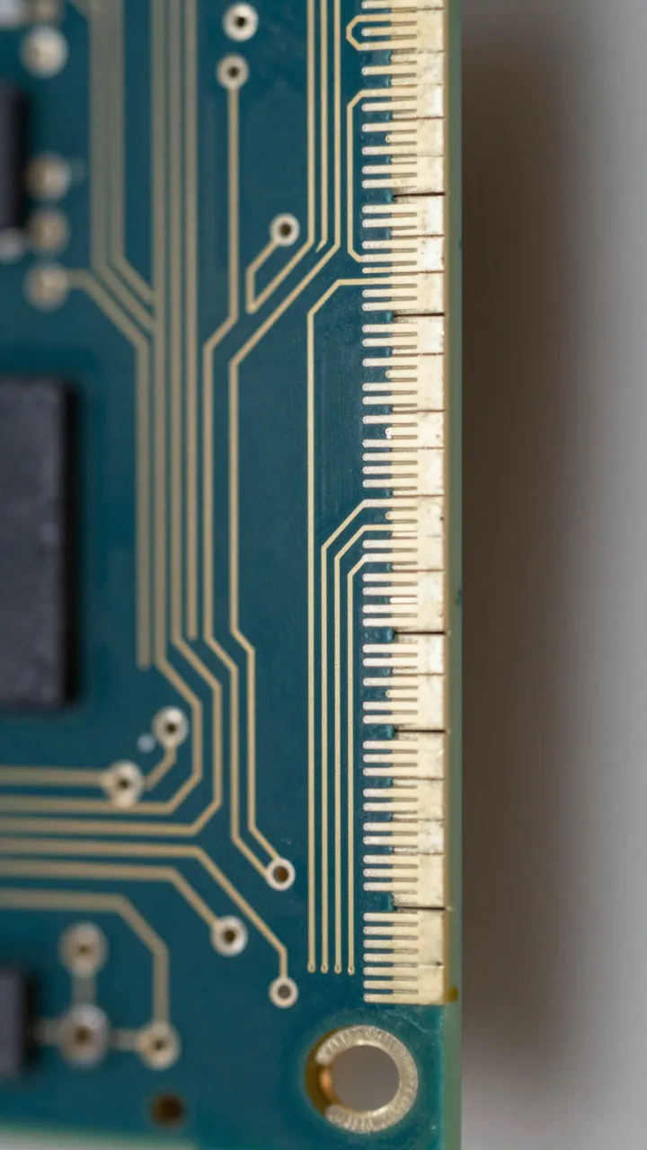 Close-up vertical macro view of a printed circuit board edge with gold contact traces against a neutral background