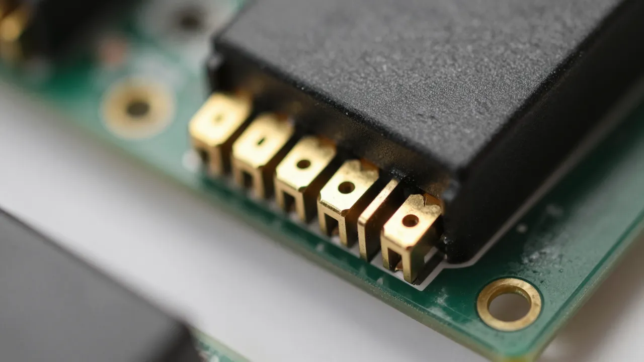 Extreme macro close-up of gold edge connector contacts on a circuit board in soft warm light