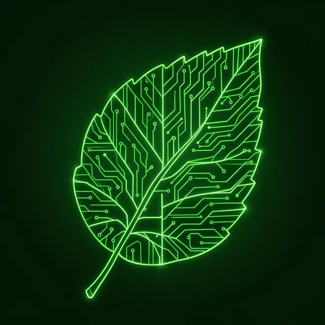 A glowing neon leaf outlined with circuit board traces against a dark deep green background