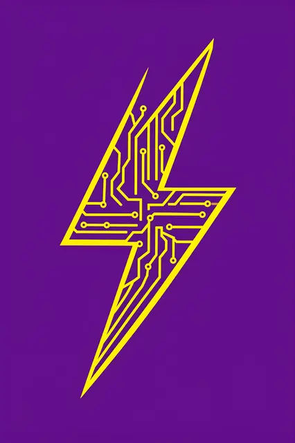 Bright yellow circuit trace lightning bolt icon centered on a solid deep purple background