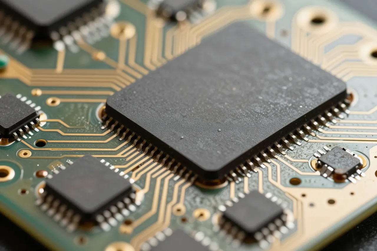 Close-up macro view of a green circuit board with black blank chips and gold conductive traces