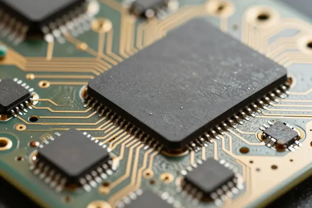 Close-up macro view of a green circuit board with black blank chips and gold conductive traces