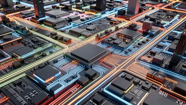 3D rendered microchip landscape with glowing multicolored circuit traces forming a futuristic cityscape