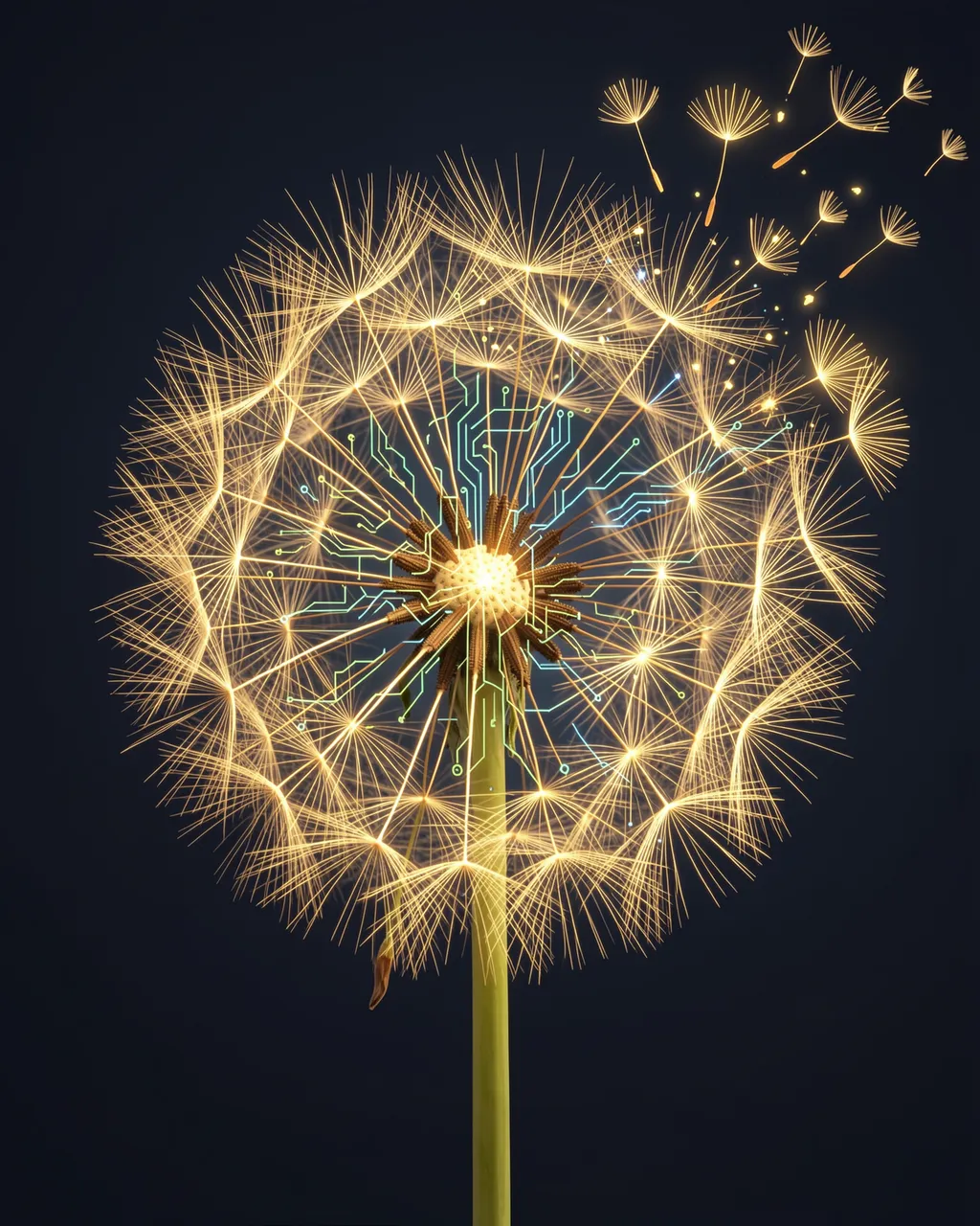 A glowing circuit-patterned dandelion releases luminous light seeds against a dark navy background