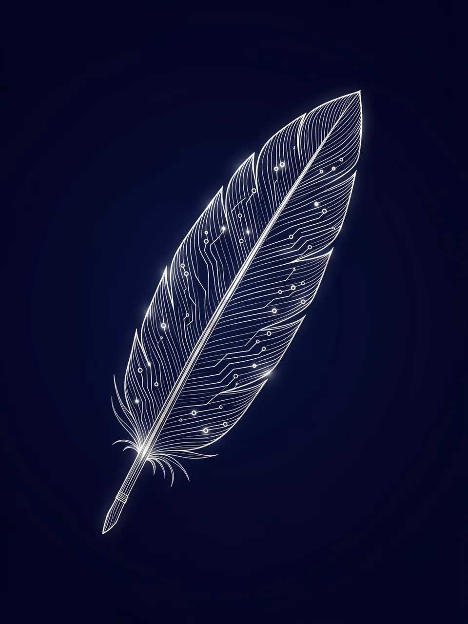 Glowing silver circuit trace feather illustration set against a deep navy background