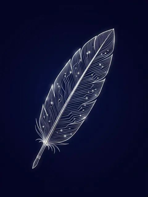 Glowing silver circuit trace feather illustration set against a deep navy background