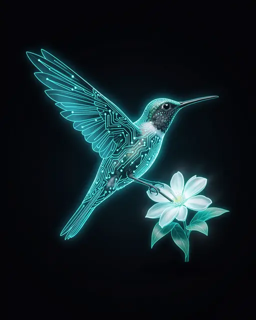 Glowing cyan circuit-traced hummingbird perches beside a luminous light flower on a dark black background
