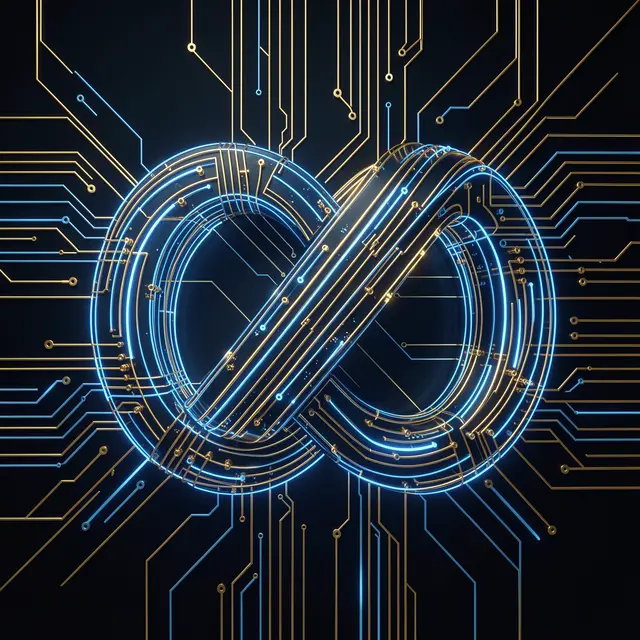 Glowing blue and gold circuit board infinity loop set against a dark tech background