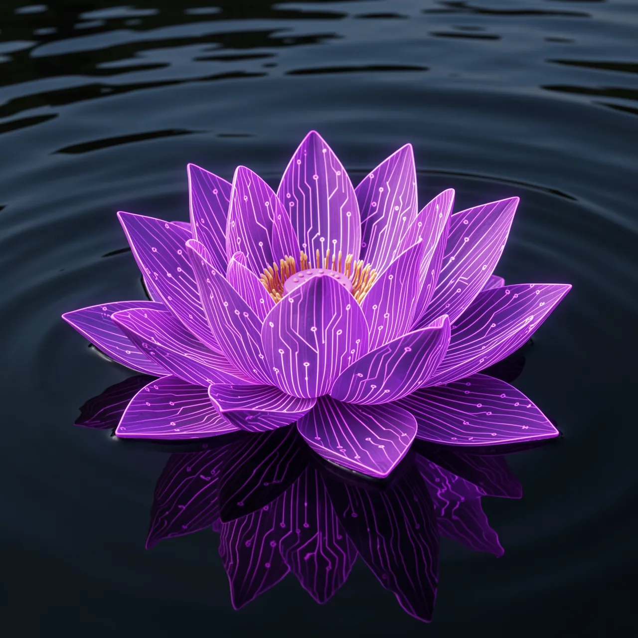 Glowing violet circuit-patterned lotus flower floats on rippled dark water with a clear reflection