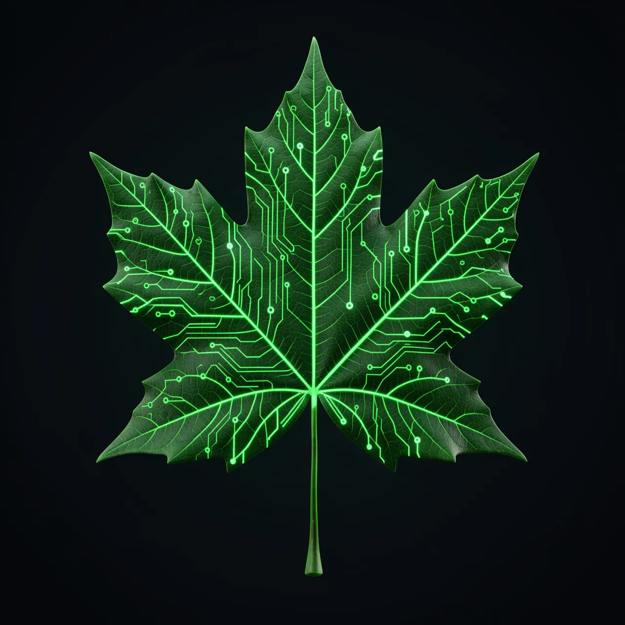 A maple leaf with glowing green circuit trace veins floats against a solid dark background