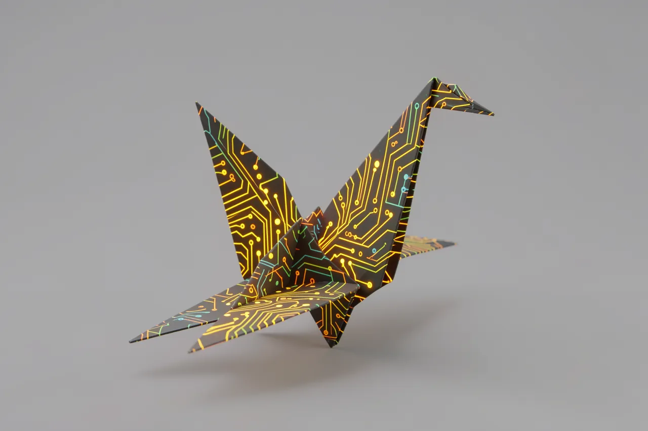 3D render of an origami crane folded from glowing circuit board patterned paper on a plain gray background