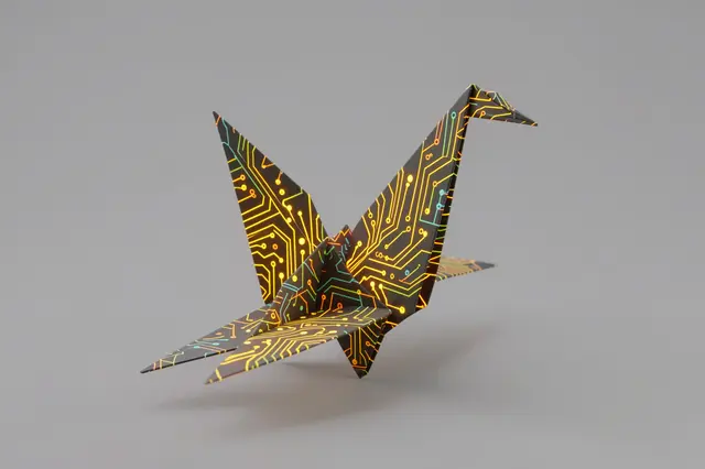 3D render of an origami crane folded from glowing circuit board patterned paper on a plain gray background