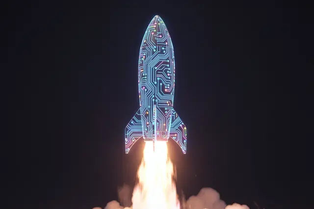 Glowing circuit-patterned rocket launches with bright flame against a dark backdrop