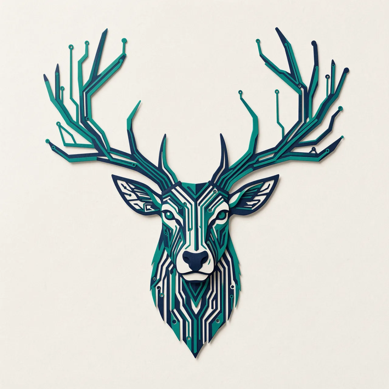 Layered paper cut illustration of a stag head with circuit trace antlers in teal and navy on an off-white background