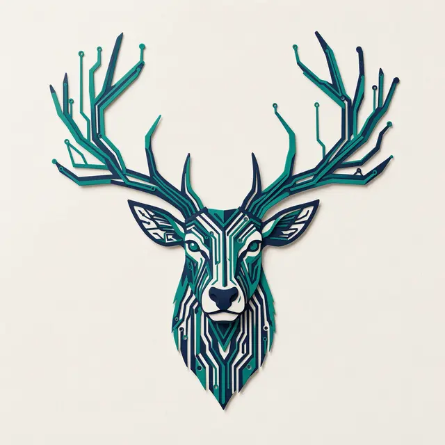 Layered paper cut illustration of a stag head with circuit trace antlers in teal and navy on an off-white background