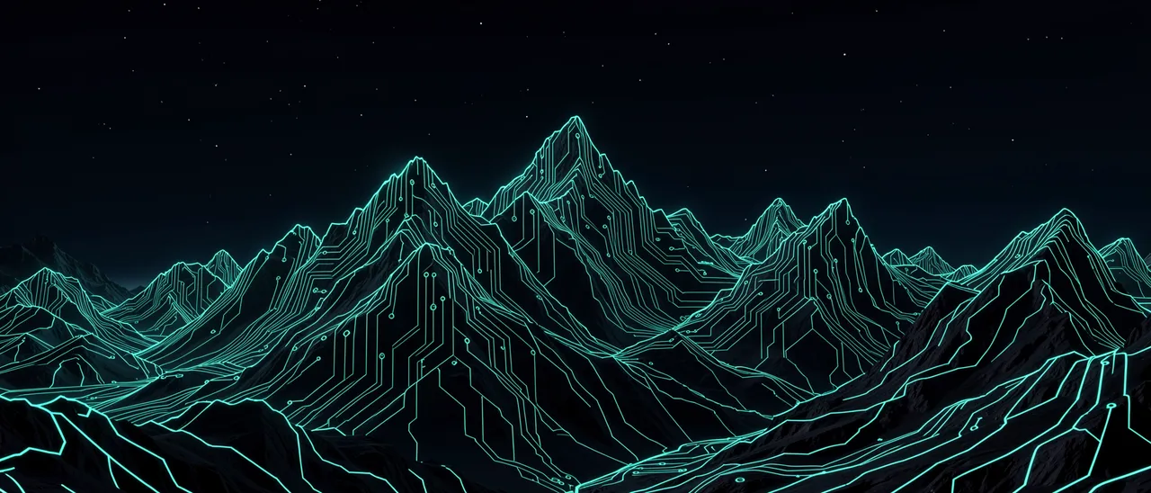 A mountain range outlined in glowing teal circuit traces sits under a dark starry night sky
