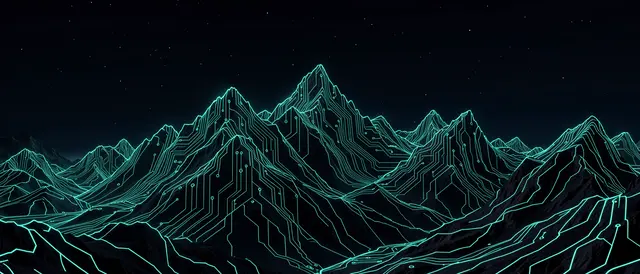 A mountain range outlined in glowing teal circuit traces sits under a dark starry night sky