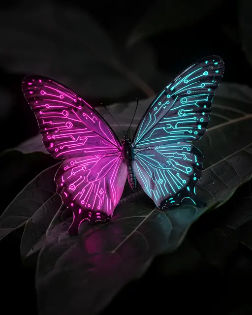 A butterfly with glowing magenta and cyan circuit pattern wings rests on a dark leaf.