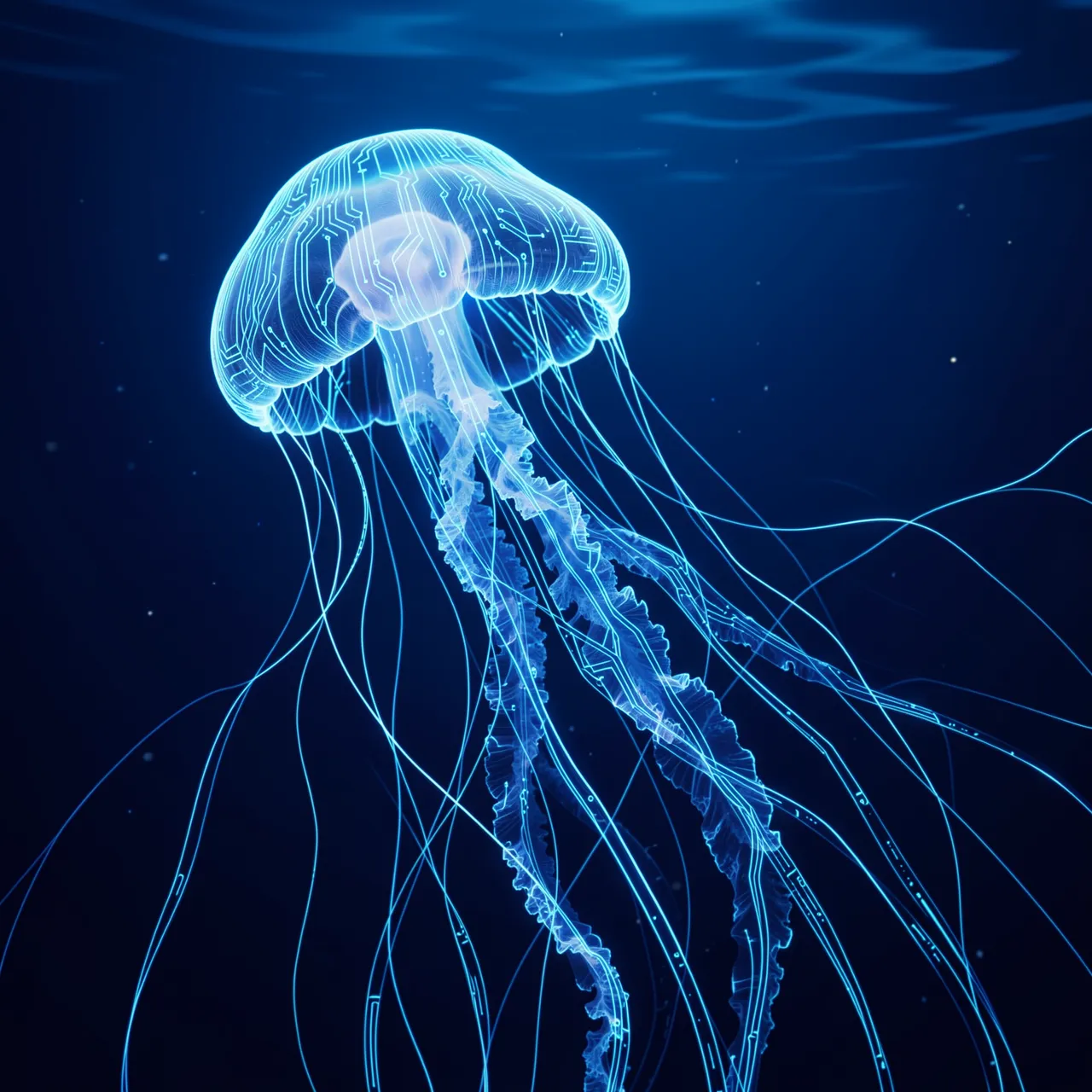 A glowing jellyfish with circuit patterned tentacles drifts in deep dark blue ocean water