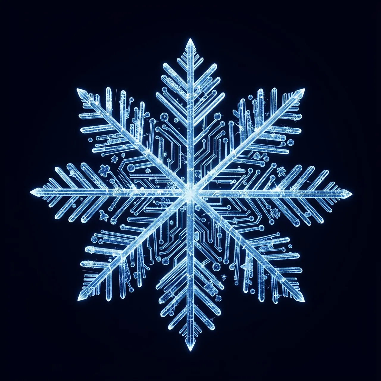 Glowing ice-blue circuit-patterned snowflake centered on a dark navy background