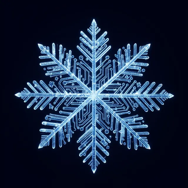 Glowing ice-blue circuit-patterned snowflake centered on a dark navy background