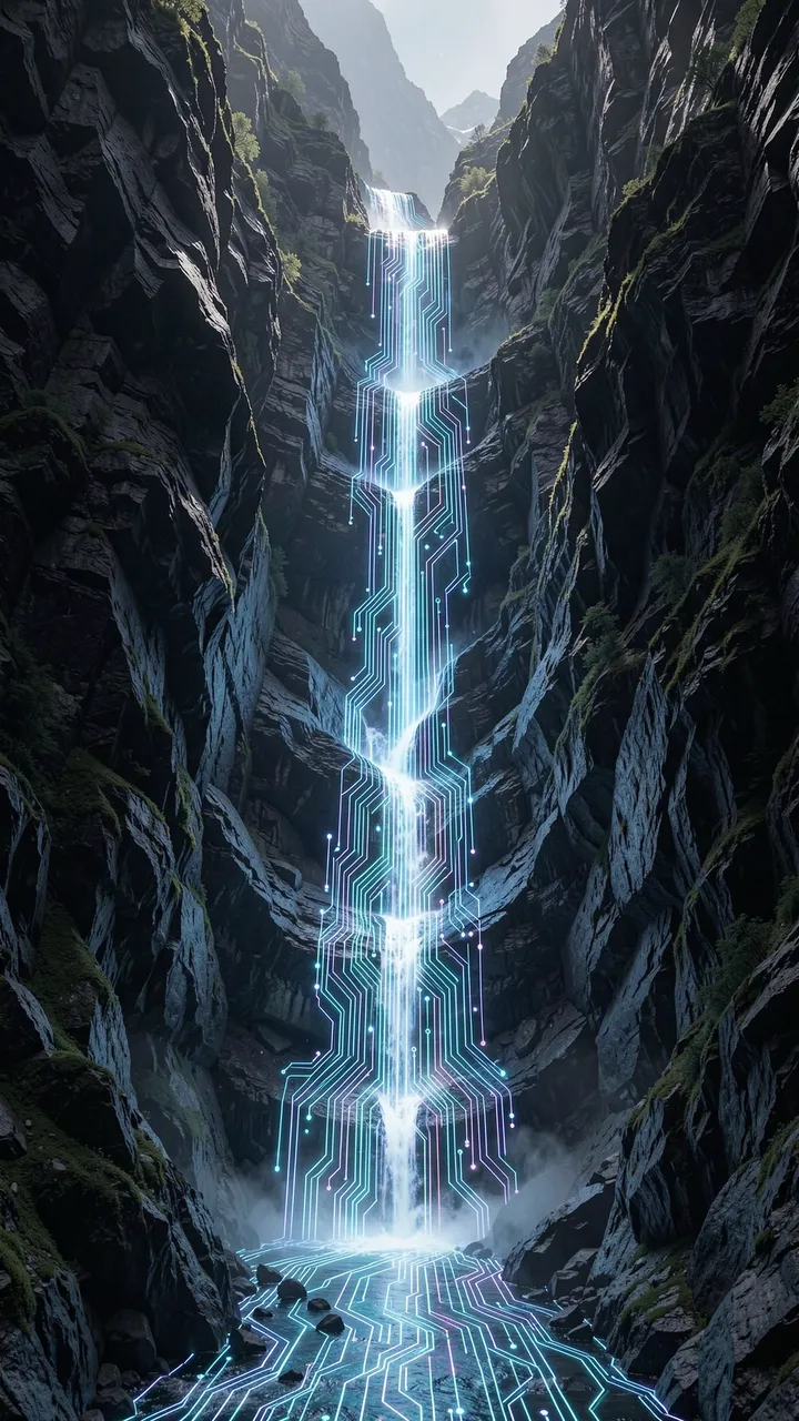 A glowing circuit-patterned waterfall flows down a steep rocky mountain gorge