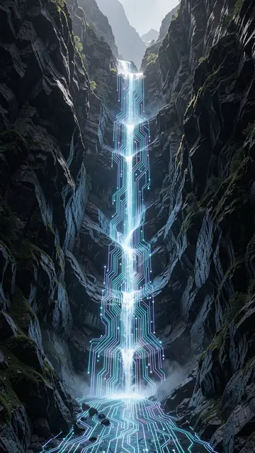 A glowing circuit-patterned waterfall flows down a steep rocky mountain gorge