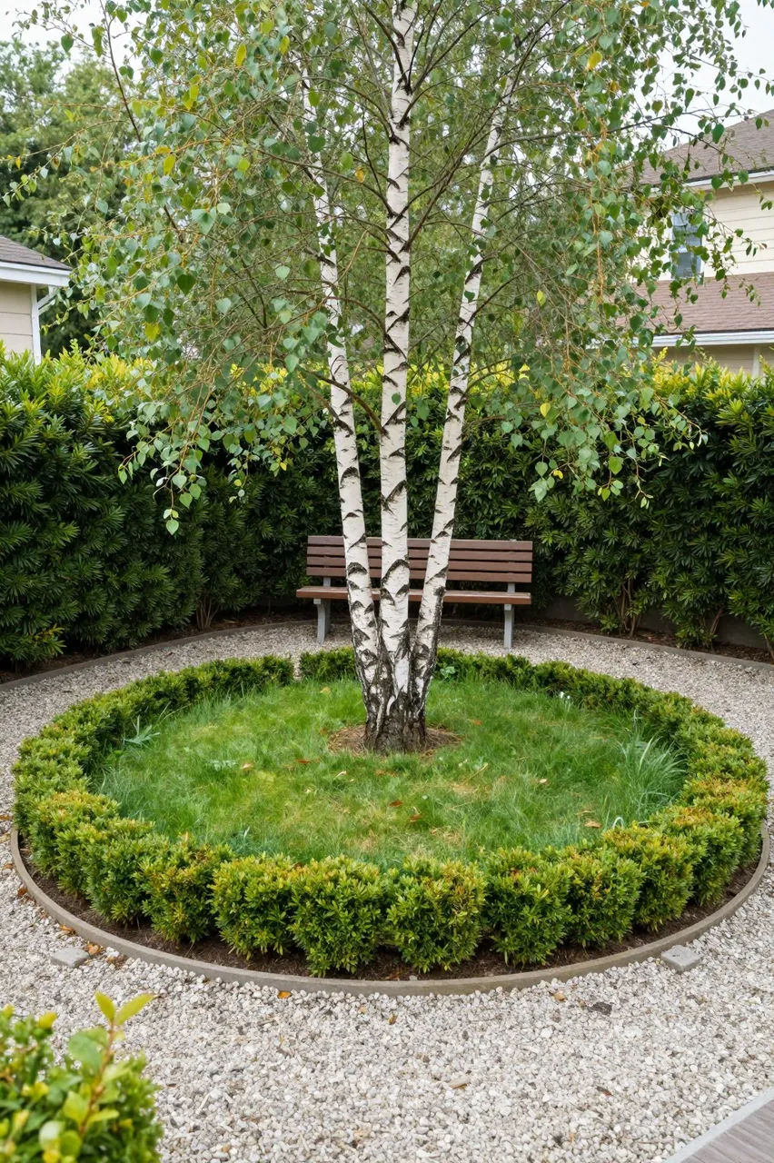 A tidy circular backyard garden with a multi-stem birch tree, hedge border, gravel path, and wooden bench.