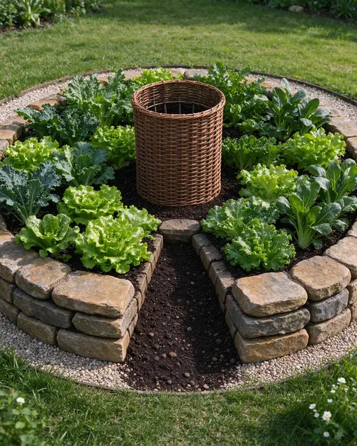A stone-edged keyhole garden with a central wicker compost basket grows leafy greens in a sunny lawn.