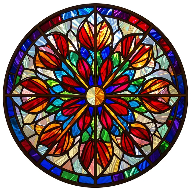 A symmetrical circular stained glass floral rosette with bold dark lead lines and vibrant jewel tones on a white background