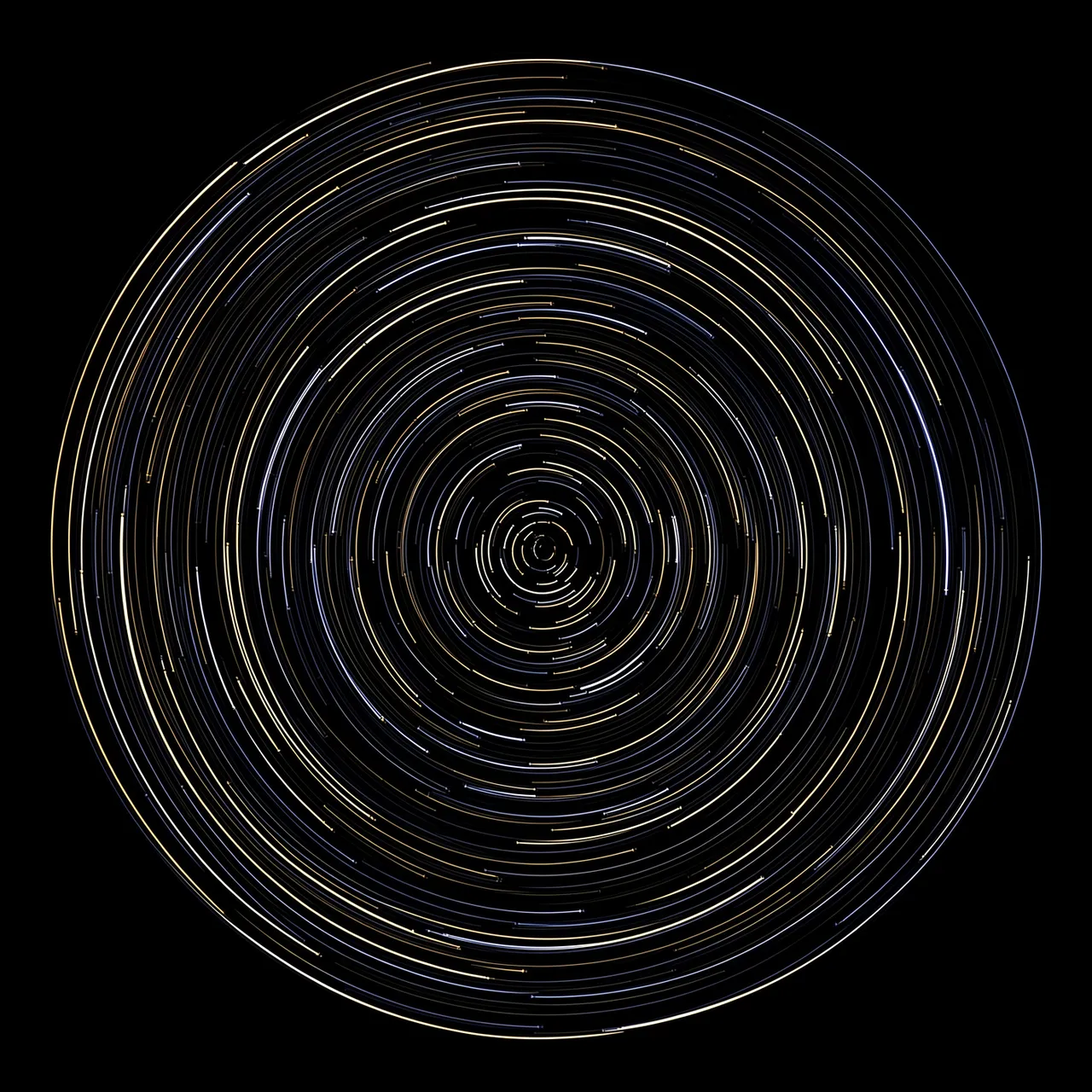 Concentric glowing arc trails spiral toward a central point against a solid pure black background