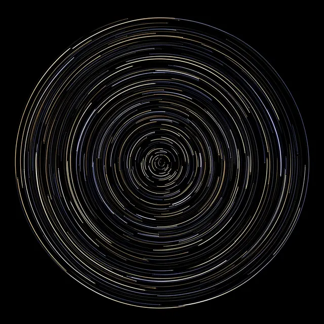 Concentric glowing arc trails spiral toward a central point against a solid pure black background