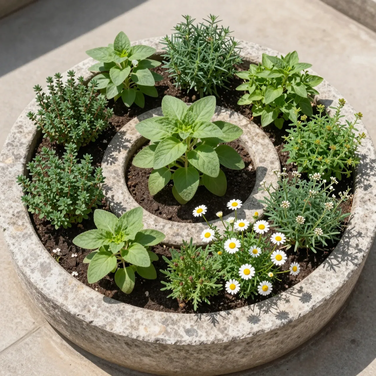 Overhead view of a limestone circular planter planted with assorted culinary herbs and chamomile in bright sunny light