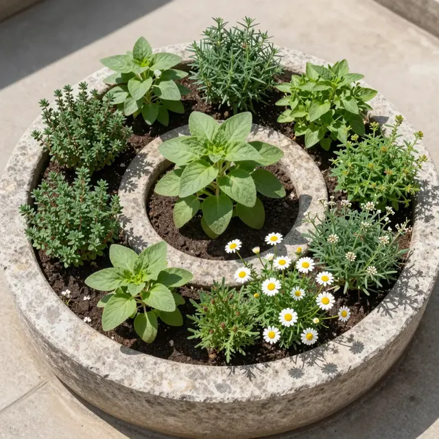 Overhead view of a limestone circular planter planted with assorted culinary herbs and chamomile in bright sunny light