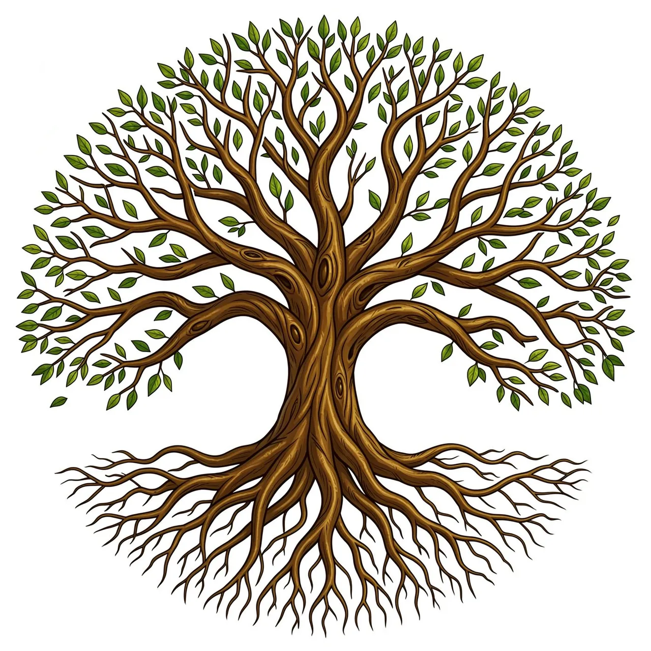 Symmetrical circular tree of life with interwoven roots and leafy branches on a plain white background