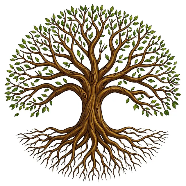 Symmetrical circular tree of life with interwoven roots and leafy branches on a plain white background