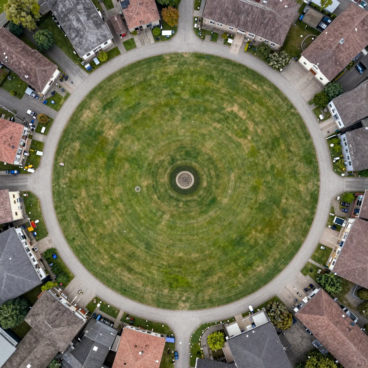 Top-down aerial view of a circular village green with radiating lanes and surrounding residential homes