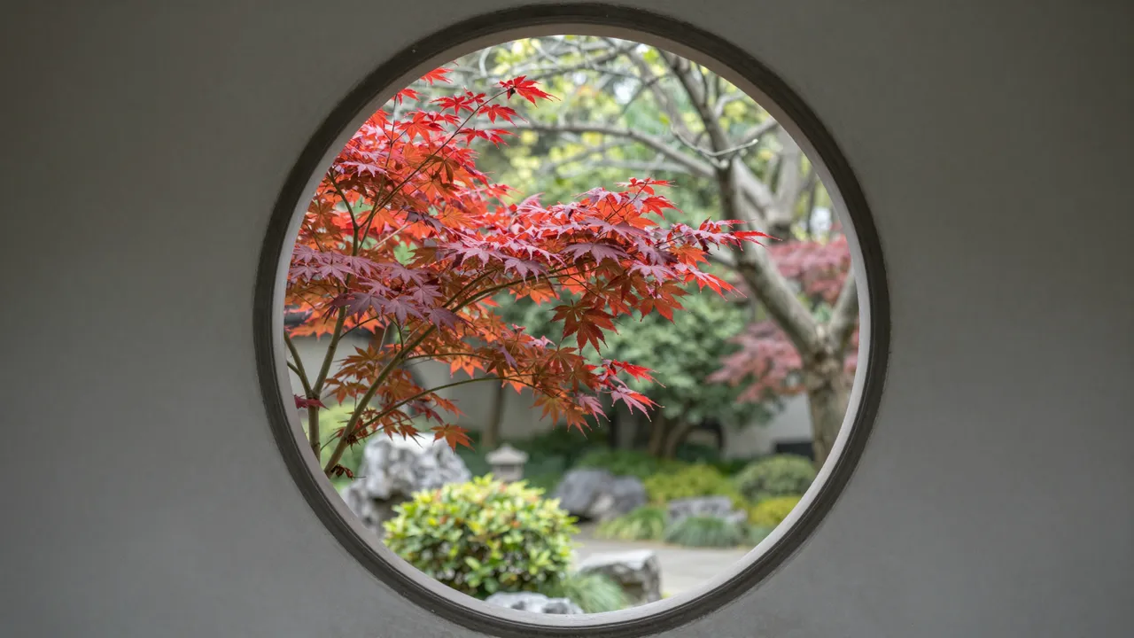 A round wall window frames a vibrant red maple tree in a quiet traditional garden