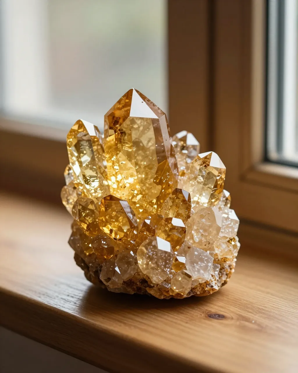 Golden citrine crystal cluster rests on a wooden window sill lit by soft warm daylight