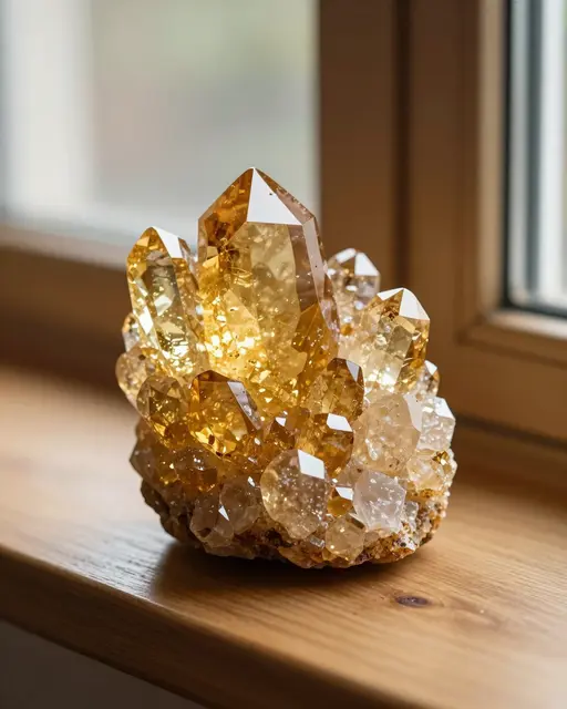 Golden citrine crystal cluster rests on a wooden window sill lit by soft warm daylight