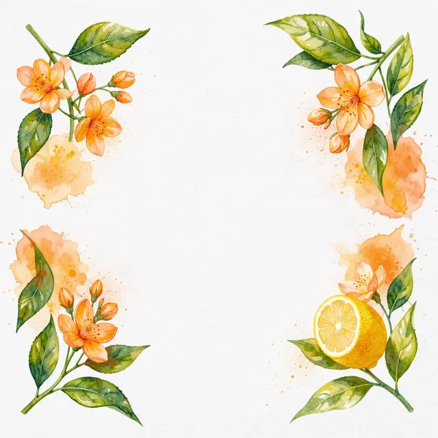 Watercolor illustration of orange blossom, lemon leaves and a sliced lemon arranged in all four corners of warm white