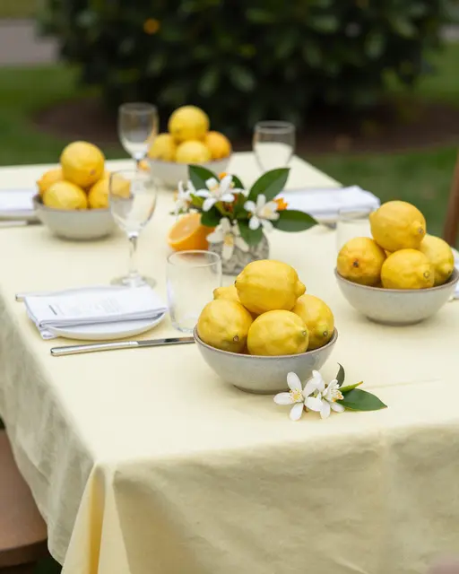 Outdoor garden table set with pale yellow linens, bowls of lemons, and orange blossom sprigs for a gathering.