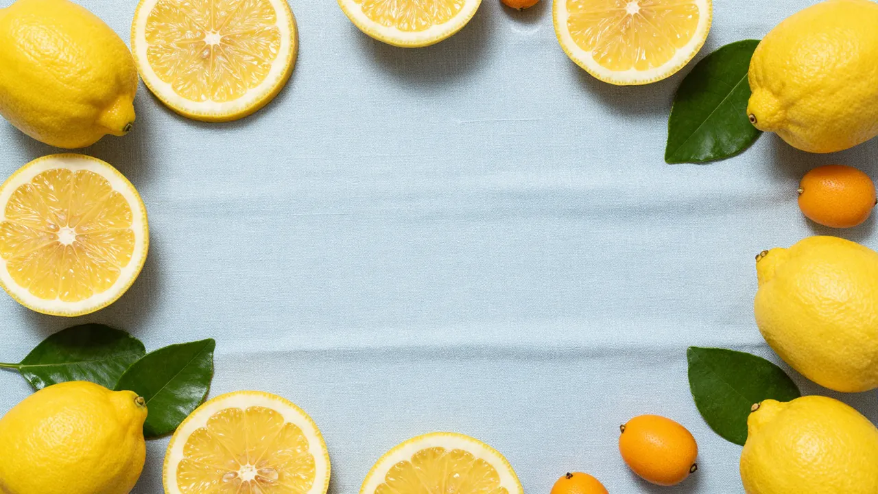 Overhead view of lemons, lemon slices, leaves and kumquats framing empty pale blue linen with bright summer lighting