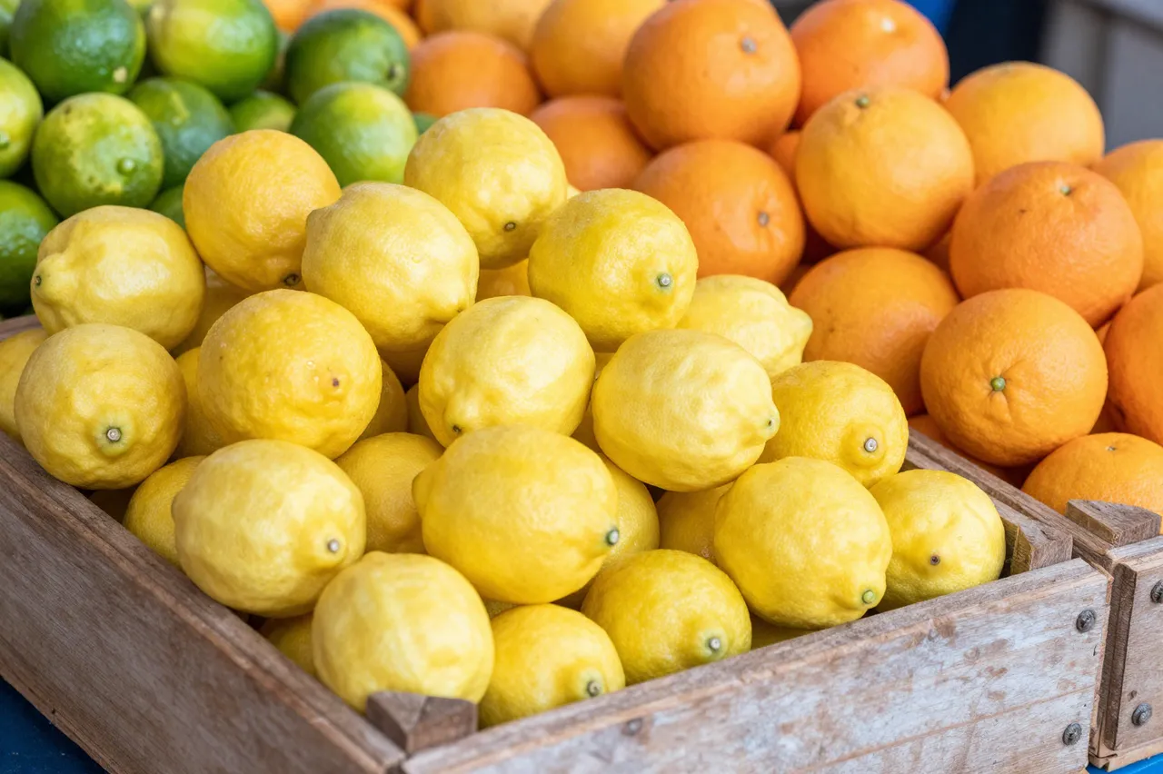 Piled lemons, limes and oranges fill a rustic wooden market crate at an outdoor stall