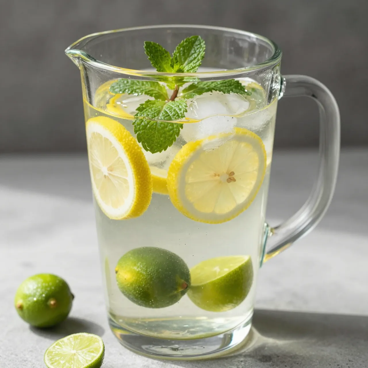 Glass pitcher of iced water with lemon, lime slices and fresh mint on a gray countertop
