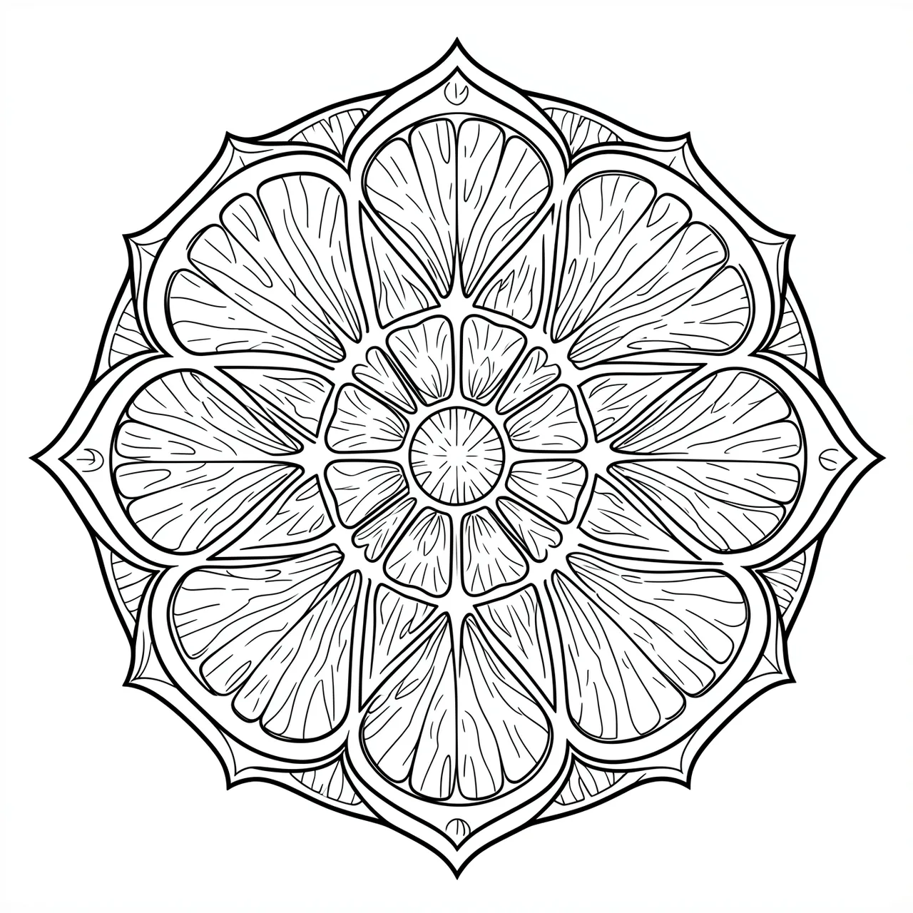 Black and white line art mandala constructed from overlapping orange and lime citrus slice outlines on a plain white